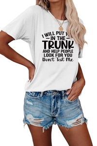 Detail of white cotton crew neck T-shirt with bold black text and frayed denim shorts