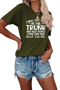 Detail of the white slogan print on the olive green crew neck cotton short sleeve t-shirt