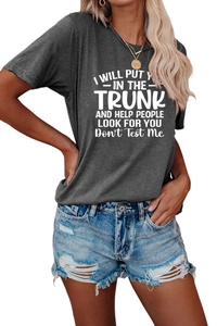 Detail of soft charcoal grey crewneck t-shirt with bold white lettered slogan print