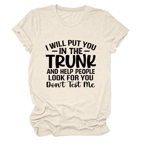 Detail of beige cotton crewneck t-shirt with large black artistic slogan print