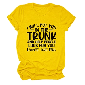 Detail of a yellow crewneck cotton t-shirt with black humor slogan text on white background