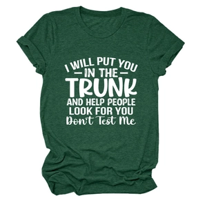 Detail of forest green crew neck t-shirt with funny white slogan print and rolled sleeves