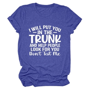 Detail view of navy blue crewneck t-shirt with white graphic slogan print on fabric