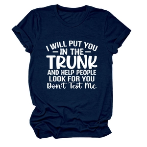 Detail of navy blue crew neck tee with white funny quote print and cotton texture