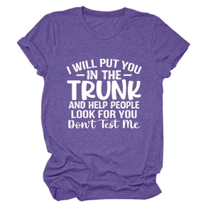Detail of purple heather t-shirt featuring white humorous text graphic and rolled sleeves