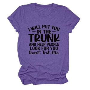 Detail of purple cotton T-shirt with black text print showing the round neck and soft fabric