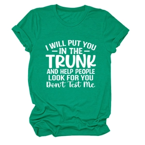 Detail of rolled sleeve and white slogan print on emerald green cotton t-shirt
