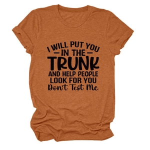 Detailed flat lay of rust orange round neck t-shirt with black graphic text print