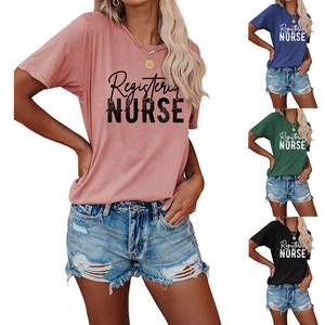 Detail of Registered Nurse graphic print on women's loose cotton crewneck t-shirt