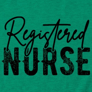 Detail of Registered Nurse text print on dark green cotton fabric for loose fit T-shirt
