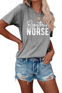 Detail of Registered Nurse gray cotton t-shirt paired with denim shorts on white background