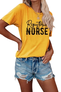 Detail of yellow Registered Nurse cotton t-shirt with black text print and round neck