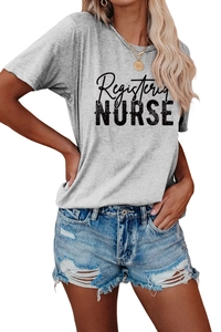 Detail of grey Registered Nurse crew neck t-shirt paired with denim shorts for a casual look