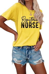 Detail of a bright yellow Registered Nurse cotton t-shirt with black artistic typography