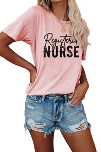 Detail of pink Registered Nurse t-shirt paired with distressed blue denim shorts