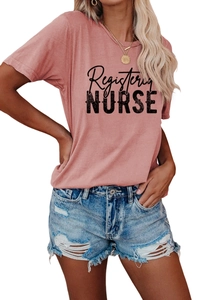 Detail of Registered Nurse lettering on soft pink crew neck t-shirt for women