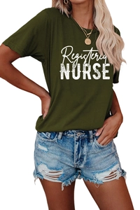 Detail of Registered Nurse dark green crewneck cotton T-shirt with white letter print