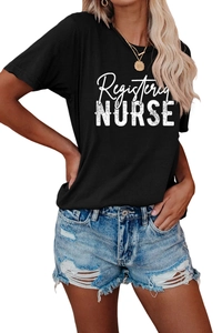 Detail of Registered Nurse graphic print on black cotton crew neck short sleeve T-shirt