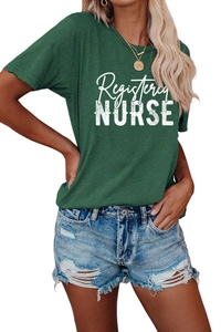 Detail view of dark green Registered Nurse t-shirt featuring white artistic typography print