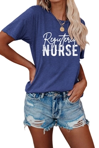 Detail view of navy blue cotton t-shirt with Registered Nurse print and denim shorts