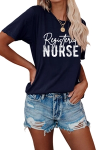 Detailed view of navy blue Registered Nurse print cotton T-shirt with casual denim shorts