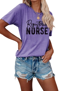 Close-up of soft purple cotton T-shirt featuring a black Registered Nurse graphic print