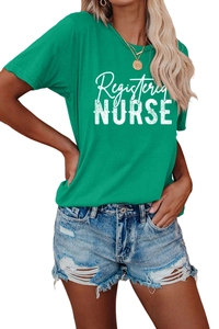Detail of Registered Nurse graphic print on emerald green women's casual t-shirt