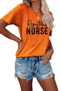 Detail of Registered Nurse graphic print on orange cotton short sleeve t-shirt