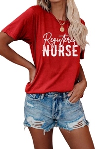 Detail of Registered Nurse red t-shirt with ripped denim shorts summer outfit