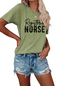 Close-up of avocado green cotton t-shirt featuring black Registered Nurse graphic print