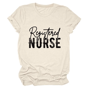 Close-up of Registered Nurse print on a beige loose-fit cotton crewneck t-shirt