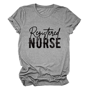 Detail of Registered Nurse graphic print on a grey heathered cotton blend t-shirt