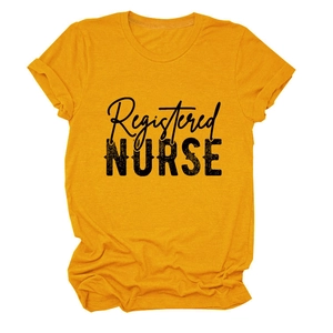 Detail of Registered Nurse text print on ginger yellow cotton crew neck t-shirt fabric