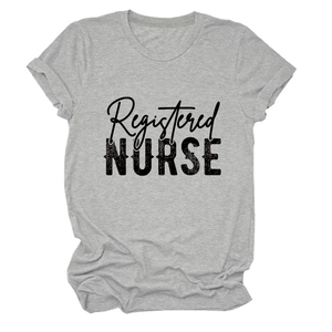 Macro shot of grey cotton fabric texture and Registered Nurse print on the t-shirt