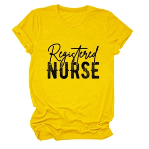 Detail of Registered Nurse bold graphic print on a bright yellow crewneck t-shirt