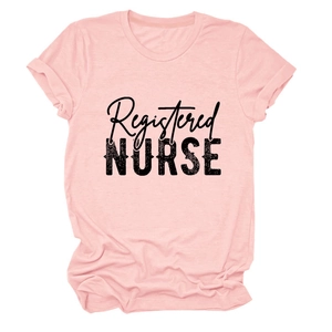 Close-up of the Registered Nurse print on a pink round neck short sleeve cotton T-shirt