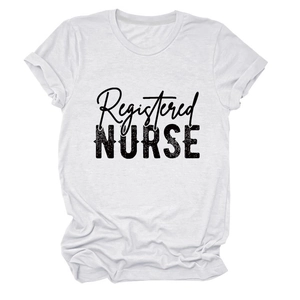 Close-up of Registered Nurse text print on white cotton crew neck short sleeve T-shirt
