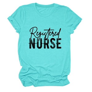 Close-up of sky blue cotton T-shirt with Registered Nurse graphic print and crew neck