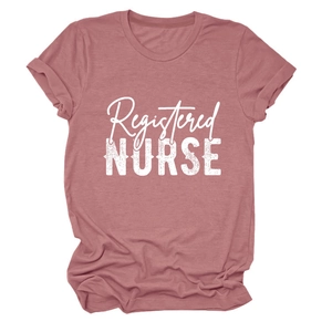 Detail of Registered Nurse graphic print on dusty rose crew neck short sleeve t-shirt