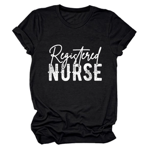 Close-up of Registered Nurse text print on comfortable black cotton crew neck t-shirt