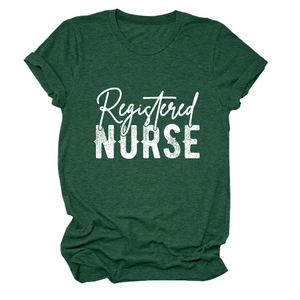 Detail of Registered Nurse text on dark green cotton blend short sleeve t-shirt