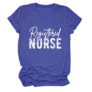 Detail of Registered Nurse print on royal blue crewneck t-shirt with heather texture