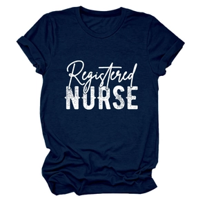 Detailed view of navy blue cotton t-shirt with white Registered Nurse vintage print