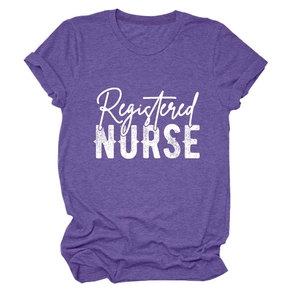 Close-up of heathered purple Registered Nurse printed cotton t-shirt with crew neck