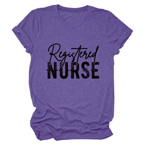 Detail of Registered Nurse purple heather t-shirt with rolled sleeves and crew neck