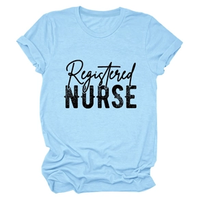 Close-up of Registered Nurse print on light blue cotton round neck short sleeve T-shirt