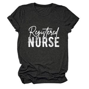 Close-up of a dark grey cotton T-shirt featuring white Registered Nurse lettering