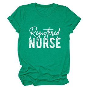 Flat lay of emerald green Registered Nurse short sleeve T-shirt on white background