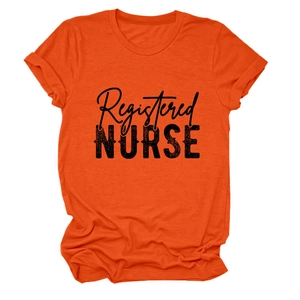 Detail of bright orange cotton T-shirt featuring black Registered Nurse print and rolled sleeves