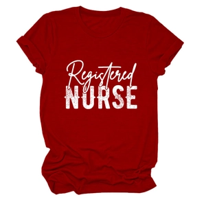 Flat lay of a red cotton t-shirt with white Registered Nurse lettering on white background